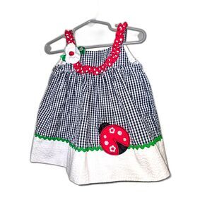 Rare Too! Baby Girl Navy Gingham Ladybug Appliqué Sundress 6-9 Months Seersucker
